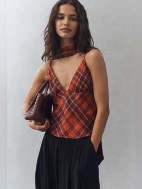 NWT Anthropologie Maeve Clara Scarf Neck Cami Red Plaid Top Medium